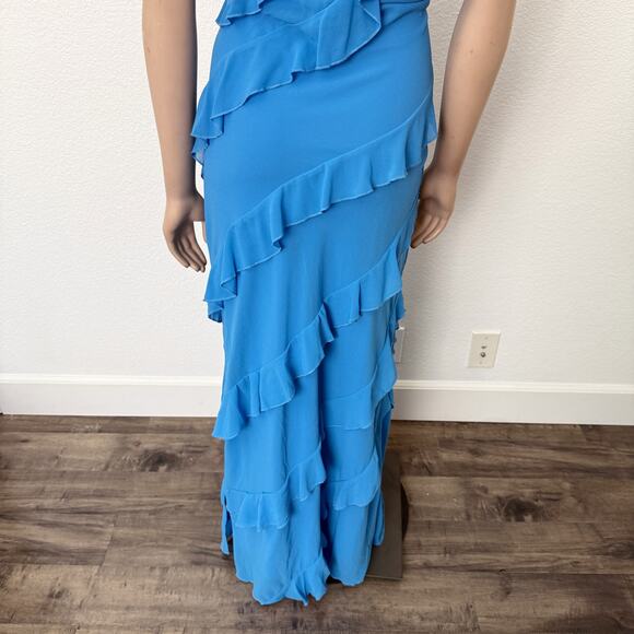 [Petal & Pup] Blue Ciao Tiered Ruffles V-Neck Maxi Dress Side Slit Wedding Sz XL - Picture 9 of 11